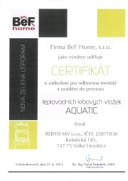 Certifikát AQUATIC, teplovodní krbové vložky