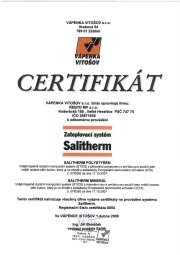 Certifikát VÁPENKA VITOŠOV, zateplovací systém Salitherm